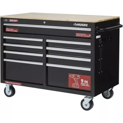 9-Drawer Gloss Black Mobile Tool Chest – 46″W × 24″D Deep Workbench with Casters