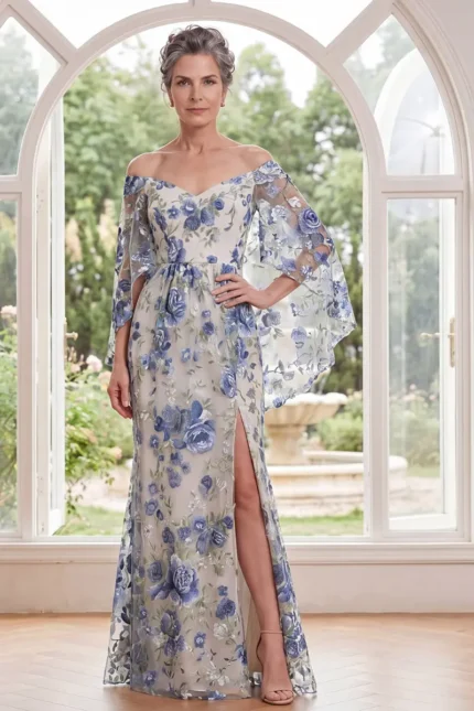 Blue Off-the-Shoulder Mother-of-the-Bride Dress – Floral Maxi Gown with Side Slit