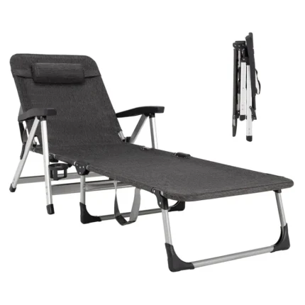 Folding Chaise Lounge Chair – Outdoor Patio Lounger with Cup Holder & Removable Headrest